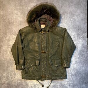 Vintage Green Leather Parka Jacket‎ Fur Trim Hood Fireman Clasps Small USA